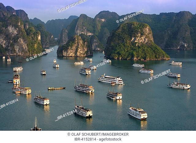 Junks and boats moored in Halong Bay or Vinh Ha Long, limestone cliffs, UNESCO World Heritage Site, Gulf of Tonkin, North Vietnam, Vietnam