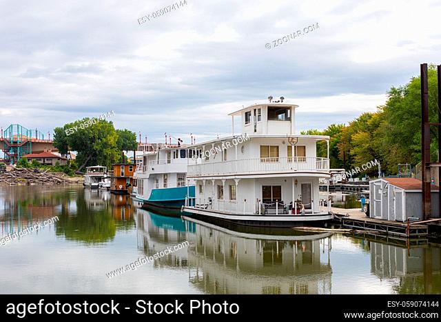 River boats in the Mississippi River, at Saint Paul, Minnesota, USA