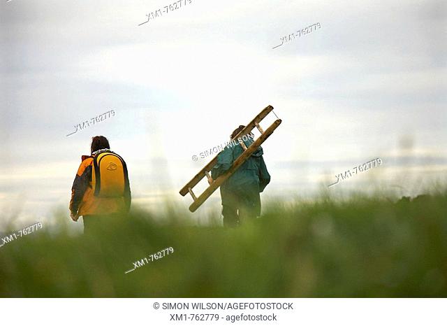 Two women walking and carrying a ladder