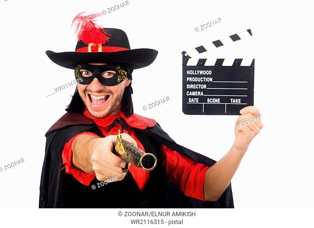Young man in carnival coat with gun and clapper isolated on whit