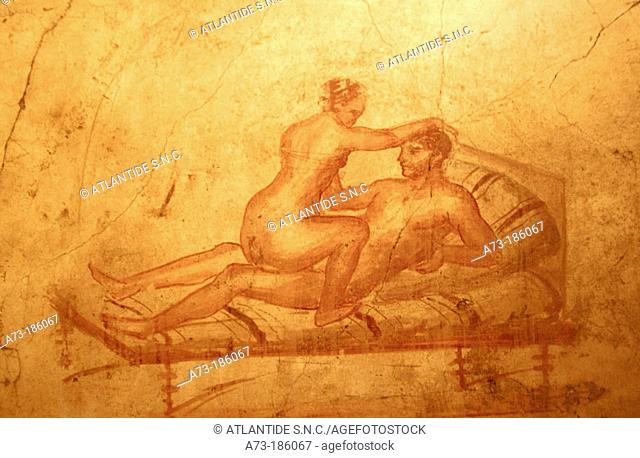 Erotic painting in the servants' quarter. Ruins of House of the Vettii. Pompeii. Italy