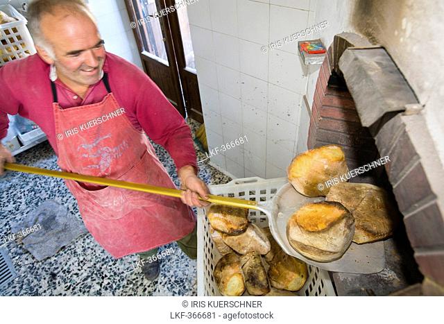 Man baking bread, Rifugio Agrituristico Salvin, Monastero di Lanzo, Piemont, Italy