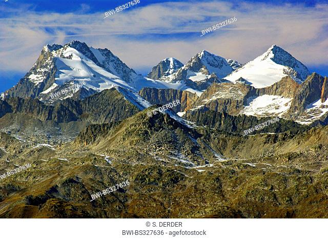 view from Nufenenpass area onto Jungfrau, Moench and Eiger, Switzerland, Valais, Oberwallis, Goms