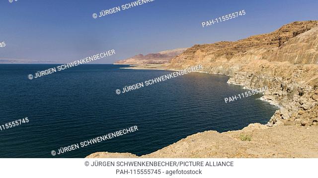 The Dead Sea shimmers in rich blue, green and turquoise tones on its eastern shore, the Jordanian side. The water is said to have a healing effect on diseases...