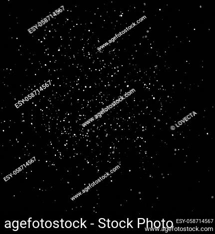 Stars falling on night sky. Shining starry background. Space banner. White, silver stars explosion on black backdrop. Magic decoration