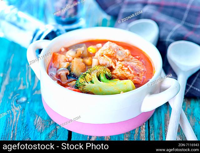 vegetables with meat and tomato sauce in the bowl