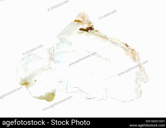 closeup of sample of natural mineral from geological collection - unpolished lamina of Brucite rock isolated on white background