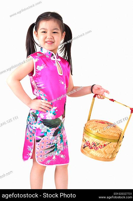 Oriental girl in chinese red cheongsam dress