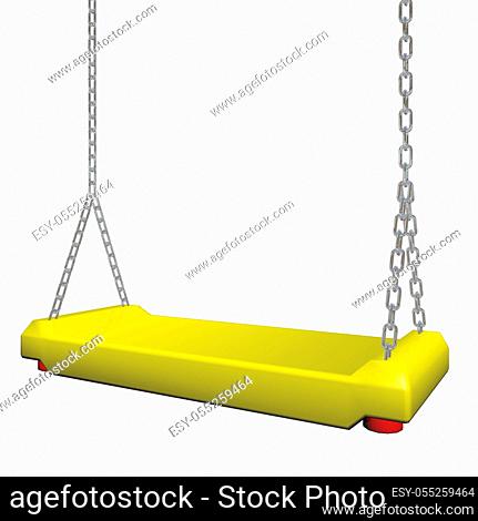 Yellow swing hanging on a chain, 3d illustration, isolated against a white background
