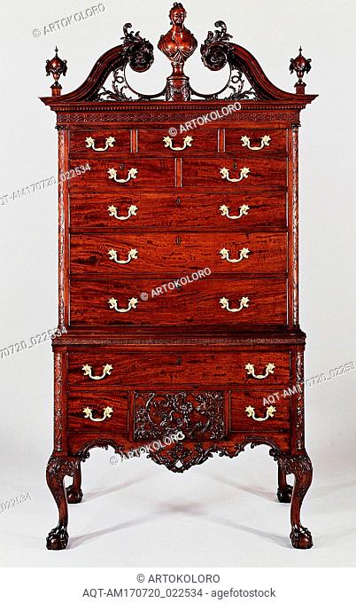 High chest of drawers, 1762â€“65, Made in Philadelphia, Pennsylvania, United States, American, Mahogany, mahogany veneer, tulip poplar