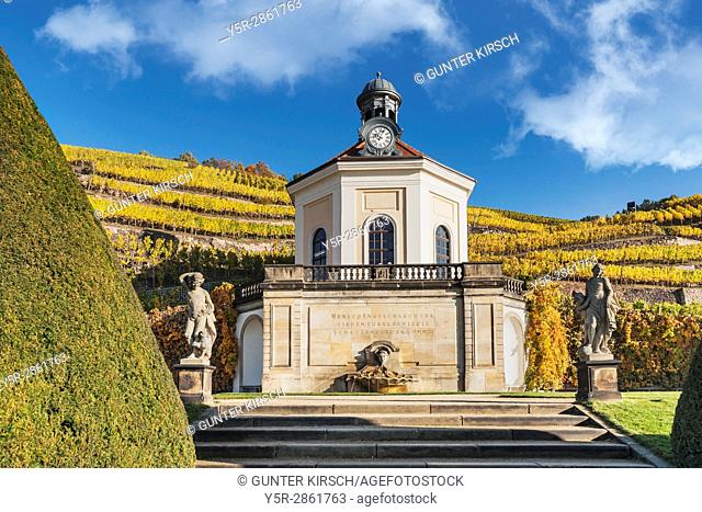 The baroque castle Wackerbarth is a wine-growing estate in the city district Niederloessnitz, Radebeul near Dresden, administrative district Meissen, Saxony