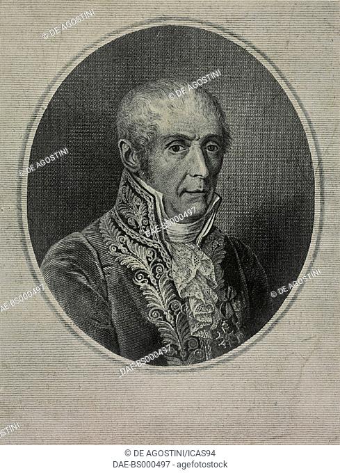 Portrait of Alessandro Volta (1745-1827), Italian engineer and physicist, inventor of the battery, engraving. Milan, Museo Nazionale della Scienza e della...