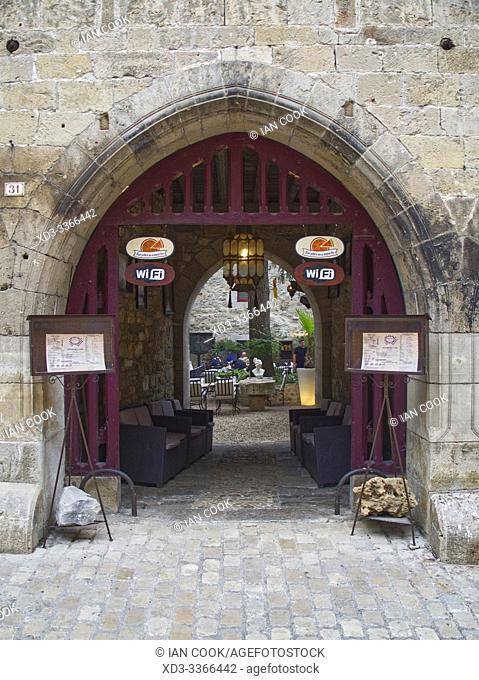 entrance to La Bonne Franquette Restaurant, Saint-Antonin-Noble-Val, Tarn-et-Garonne department, Occitanie, France