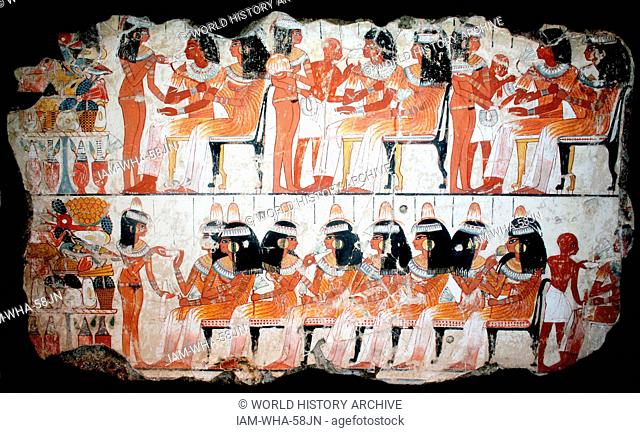 A feast for Nebamun. An entire wall of the tomb-chapel showed a feast in honour of Nebamun. Naked serving girls and servants wait on his friends and relatives