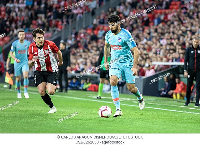 Diego Costa (R) and Ibai Gomez (L) dispute the ball during a Spanish League match between Athletic Club Bilbao and Athletico de Madrid at San Mames Stadium on...