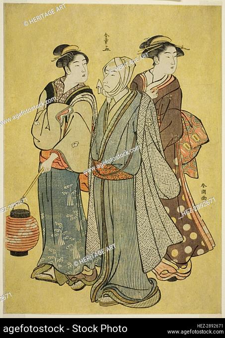 A Young Man Dressed as an Actor of the Ichikawa Family (by Shunsho), a Maid and a.. late 1780s. Creator: Shunsho