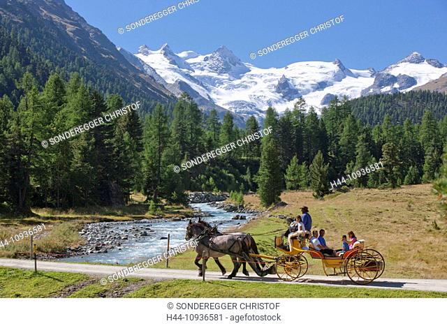 Horse coach, Val Roseg, nature, canton, GR, Graubünden, Grisons, horse, coach, car, carriage, horse car, Switzerland, Europe, family, glacier, brook