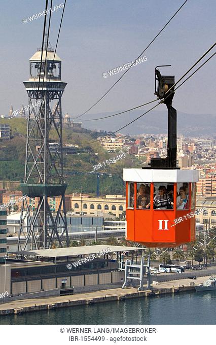 Transpordador Aeri and Torre Jaume I, cable car across the port, Barcelona, Catalonia, Spain, Europe
