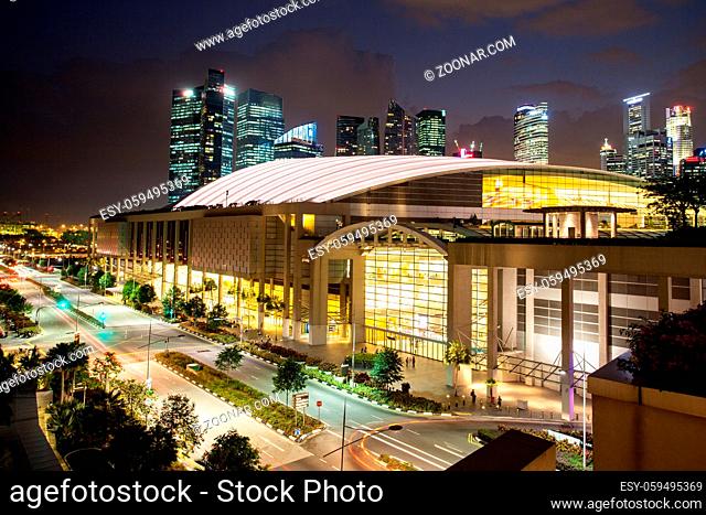 Marina Bay, Singapore - Apr 7 - Marina Bay Sands Expo Convention Centre at dusk on April 7th 2014