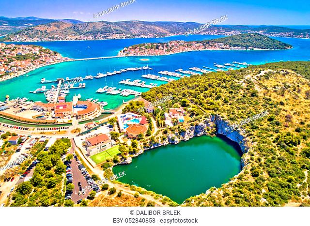 Rogoznica turquoise bay and Dragon Eye lake aerial view, Dalmatia region of Croatia