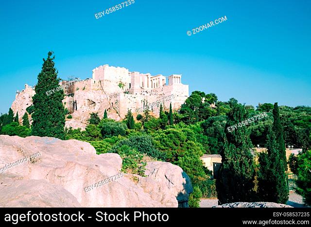 Acropolis ancient ruins from Arios Pagos hill in Athens, Greece