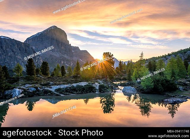 Sunrise at Lago di Limides, view of the Tofane, Dolomites, Italy