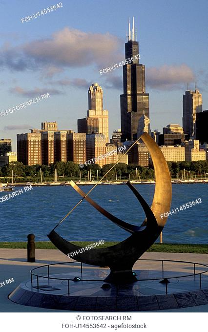 skyline, Chicago, Illinois, IL, Lake Michigan, Downtown skyline of Chicago and Chicago Harbor on Lake Michigan from Adler Planetarium