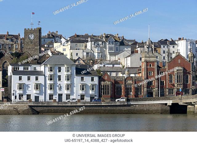 Bideford, North Devon, England UK. March 2019. Bideford town hall, library and St Marys Church viewed from East the Water