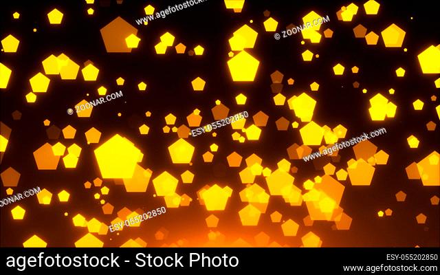Many gold glittering pentagones are in space, holiday 3d rendering background, golden explosion of confetti