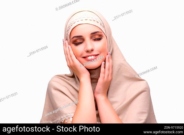 Woman in traditional muslim clothing isolated on white