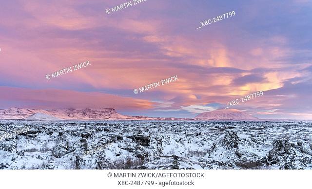 Lava field Dimmuborgir during winter near lake Myvatn in the highlands of Iceland in deep snow. View towards south into the central highland wiht mount...