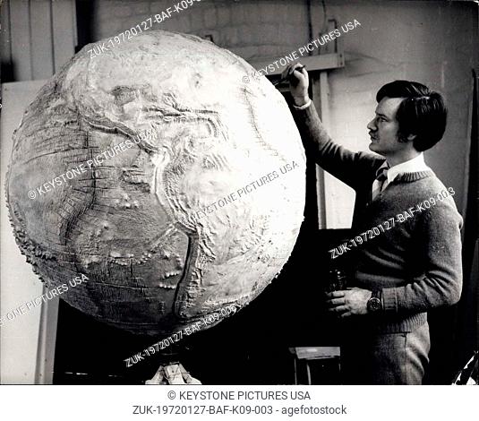 Jan. 27, 1972 - The world's first Earthquake Globe. Colchester School of Art Sculptor - lecturer Ken Gillham, 37, is putting the finishing touches to a 3 ft 6...