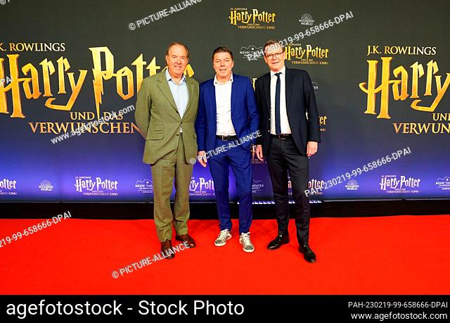 19 February 2023, Hamburg: Mark Cornell (l-r), CEO of the ATG Group, Maik Klokow, producer of ""Harry Potter and the Enchanted Child, "" and Joachim Hilke