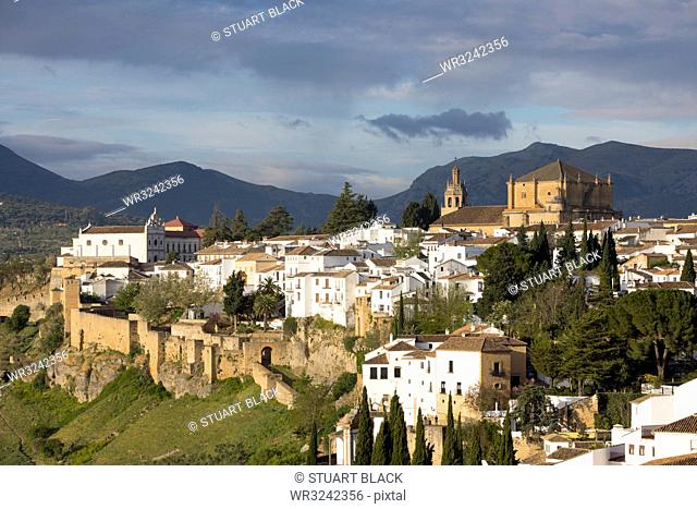 View over the old white town and the Iglesia de Santa Maria la Mayor, Ronda, Andalucia, Spain, Europe