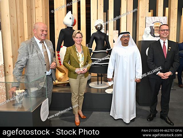 03 October 2021, United Arab Emirates, Dubai: Ulrich Kromer (l-r), Director of the Pavilions of Baden-Württemberg, Nicole Hoffmeister-Kraut (CDU)
