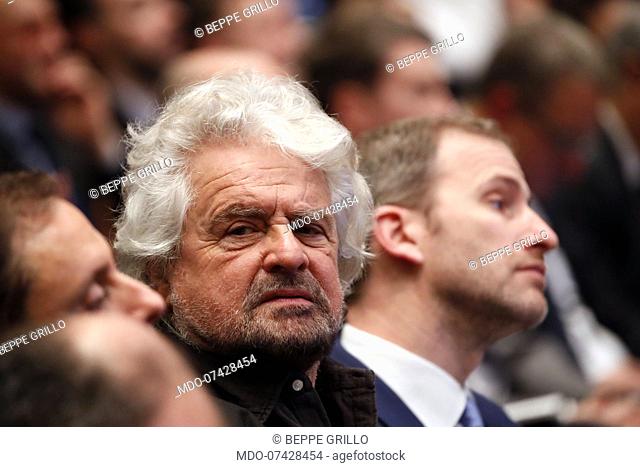 Beppe Grillo and Davide Casaleggio of the Movimento 5 Stelle during the presentation of the National Innovation Plan at the Temple of Hadrian in Piazza di...