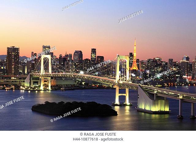 Tokyo, Japan, Asia, Far East, Shimbashi, skyline, blocks of flats, high-rise buildings, buildings, constructions, bridge, Rainbow bridge, bay, water, dusk