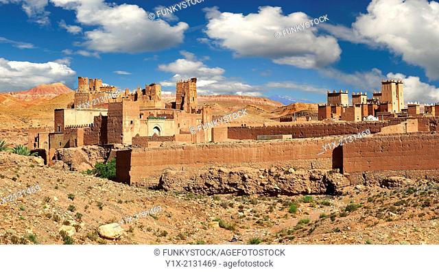 The Glaoui Kasbah's of Tamedaght in the Ounilla valley set surrounded by the hammada (stoney) desert in the foothills of the Altas mountains, Tamedaght, Morroco