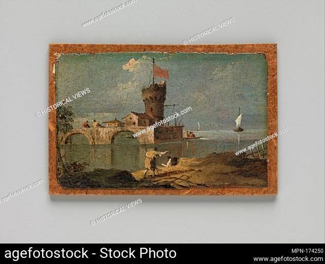 Capriccio with a Circular Tower, Two Houses, and a Bridge. Artist: Follower of Francesco Guardi; Date: 18th century; Culture: Italian; Medium: Oil on paper