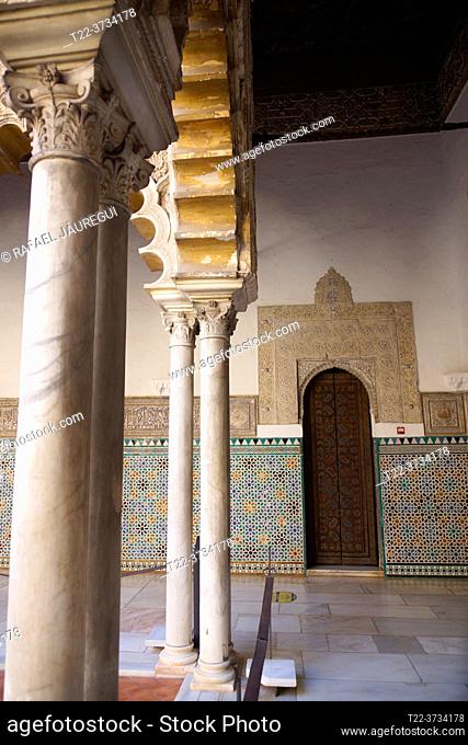 Seville (Spain). Marble columns in the Patio de las Doncellas of the Real Alcázar of Seville