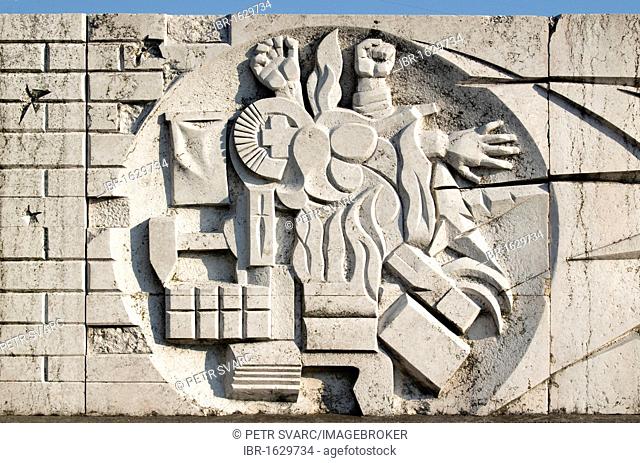 Detail of wall relief, white Heroes of Peoples' Power memorial, Statue Park, Memento Park, Szoborpark, Budapest, Hungary, Europe