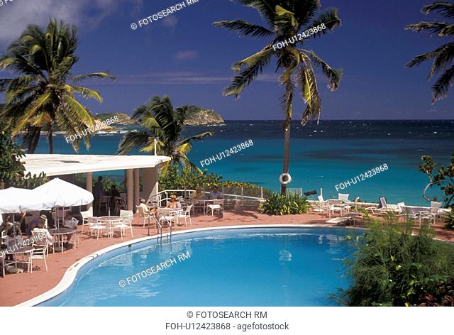 resort, Antigua, pool, Caribbean, Caribbean Islands, Swimming pool at hotel with palm trees on Half Moon Bay on the island of Antigua (a British Commonwealth...