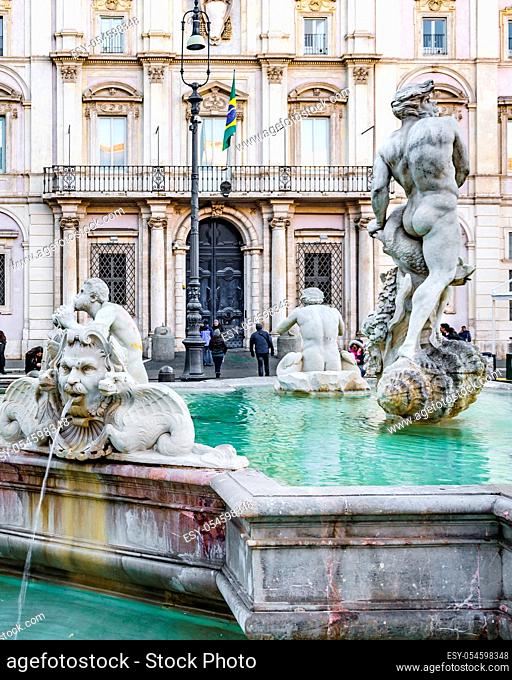 ROME, ITALY, DECEMBER - 2017 - Neptune fountain at piazza navona, the most famous square of Rome city, Italy