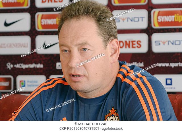 Coach Leonid Slutsky of CSKA Moscow speaks during the press conference prior to the third qualifying round of the Champions League return match between Sparta...