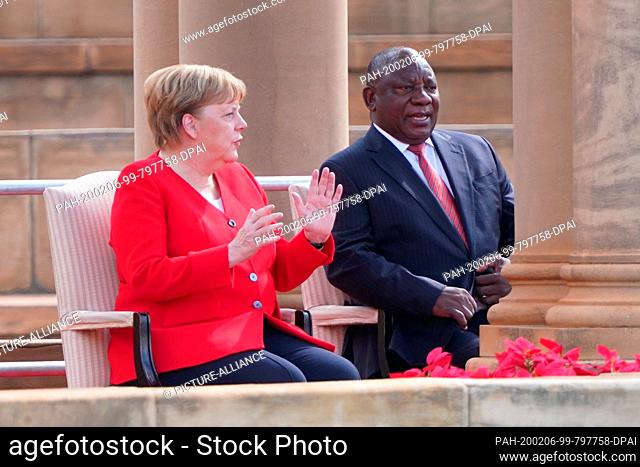 06 February 2020, South Africa, Pretoria: German Chancellor Angela Merkel (CDU) is received with military honours by Matamala Cyril Ramaphosa