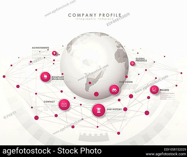 Company profile overview template with purple circles, dots and polygonal globe - light version