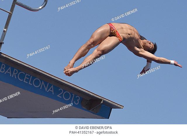 Gold medalist Bo Qiu of China in action during the men's 10m Platform diving final of the 15th FINA Swimming World Championships at Montjuic Municipal Pool in...
