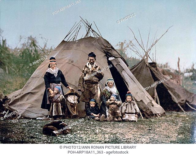 Colour photograph of a Sami family in Kanstadfjord near Lødingen, Nordland, Norway. Dated 1900
