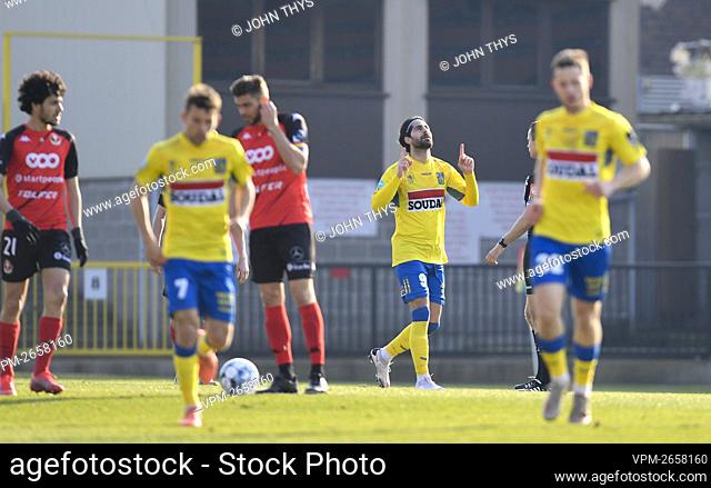Westerlo's Atabey Cicek celebrates after scoring during a soccer match between RFC Seraing and KVC Westerlo, Sunday 07 March 2021 in Seraing