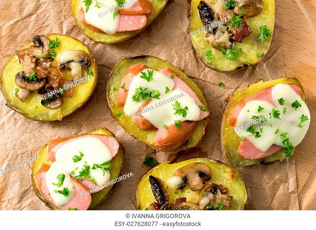 baked potato with mushrooms and bacon with cheese